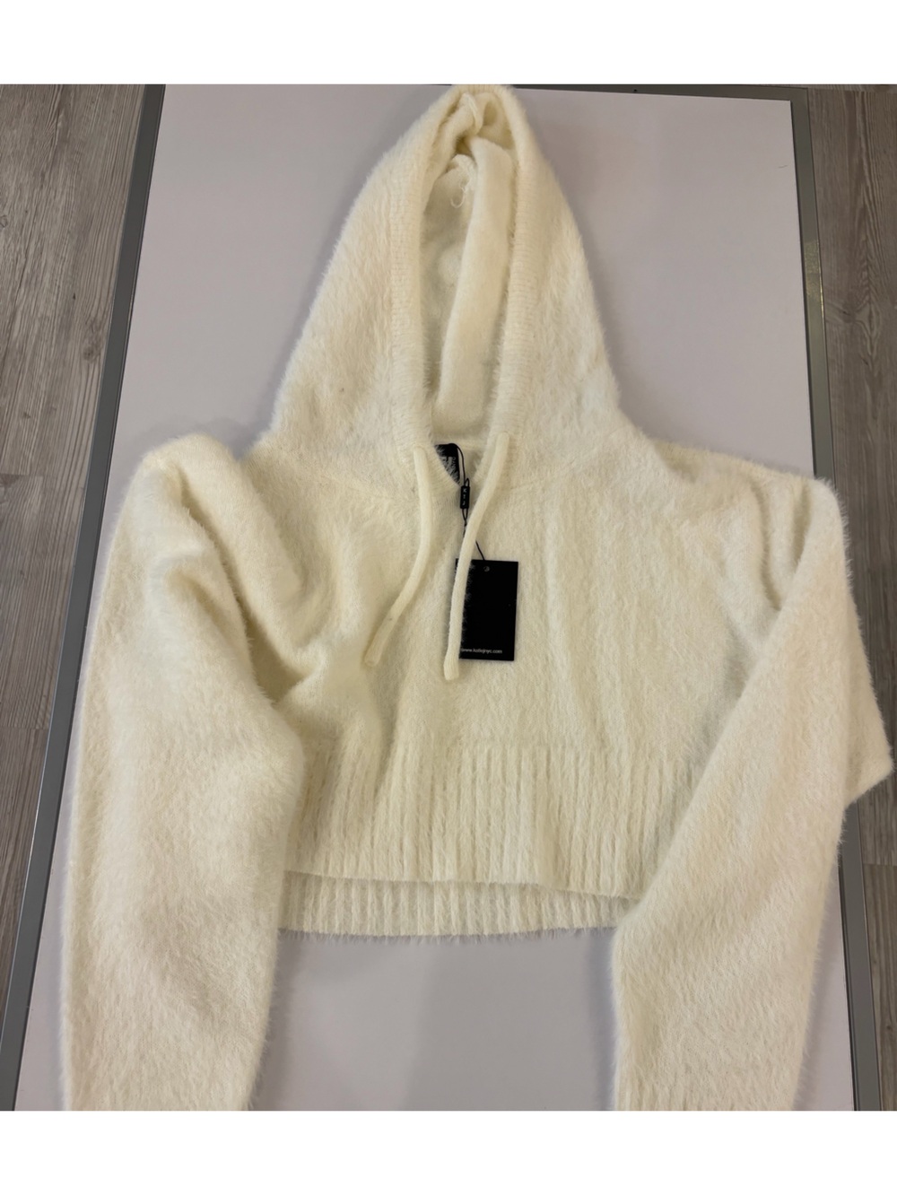 Katie J NYC Cream Fuzzy Hooded Cowl Sweater